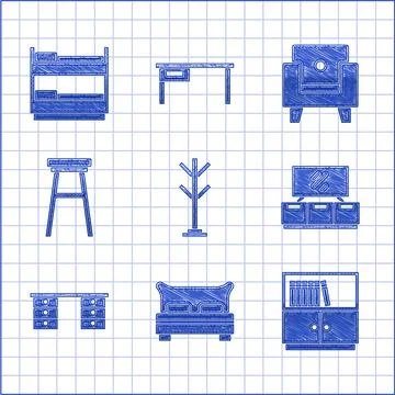 Set Coat stand, Big bed, Library bookshelf, TV table, Office desk, Chair Stock Illustration