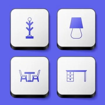 Set Coat stand, Table lamp, with chair and Office desk icon. White square but Stock Illustration
