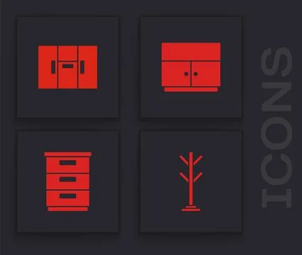 Set Coat stand, Wardrobe,  and Furniture nightstand icon. Vector Stock Illustration