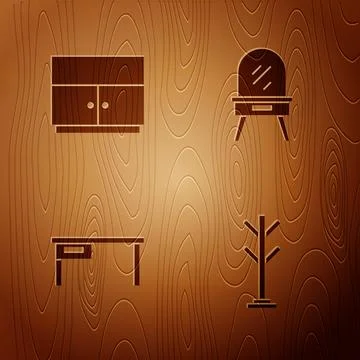 Set Coat stand, Wardrobe, Office desk and Dressing table on wooden background Stock Illustration
