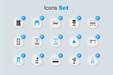 Set Coat stand, Wardrobe, Office desk, Chair, and icon. Vector Illustrazione stock