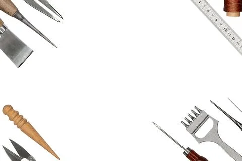 Set of cobbler tools on white background. Space for text. Stock Photos