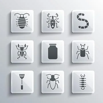 Set Cockroach, Centipede, Beetle bug, Glass jar, Fly swatter, deer, Larva insect Stock Illustration