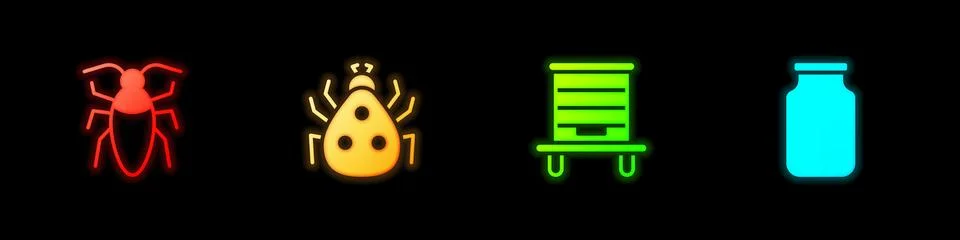 Set Cockroach, Ladybug, Hive for bees and Glass jar icon. Vector Stock Illustration