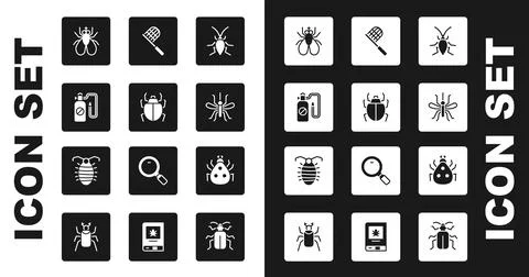 Set Cockroach, Mite, Pressure sprayer, Insect fly, Mosquito, Butterfly net,.. Stock Illustration