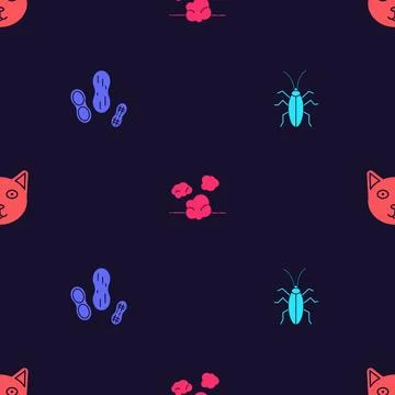 Set Cockroach, Peanut, Dust and Pet on seamless pattern. Vector Stock Illustration