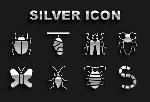 Set Cockroach, Worm, Larva insect, Butterfly, Beetle bug, Mite and cocoon icon Illustrazione stock