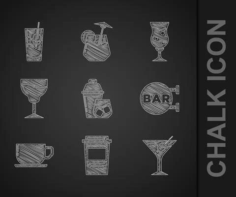 Set Cocktail shaker, Coffee cup to go, Martini glass, Street signboard with Bar Ilustração Stock