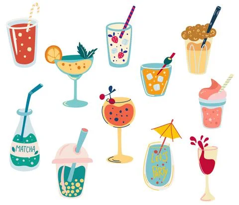 Set of cocktails. Classical drinks in different types of glasses. Matcha, win Stock Illustration