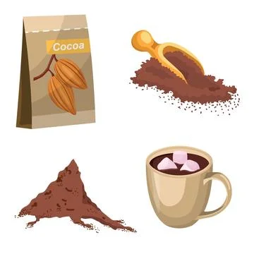 A set of cocoa, ground cocoa in a bag, hot cocoa in a cup. Vector illustratio Stock Illustration