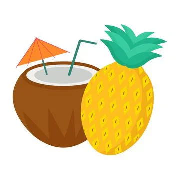Set of coconut and pineapple on a white background Stock Illustration