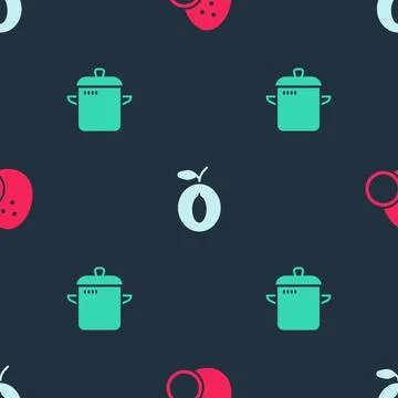 Set Coconut, Plum fruit and Cooking pot on seamless pattern. Vector Illustrazione stock