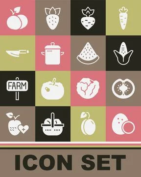 Set Coconut, Tomato, Corn, Turnip, Cooking pot, Knife, Mango fruit and Stock Illustration