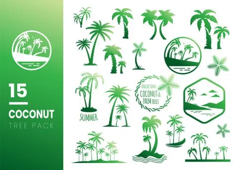 Set of Coconut Tree vector illustration. Silhouette of Palm Trees isolated on Stock Illustration