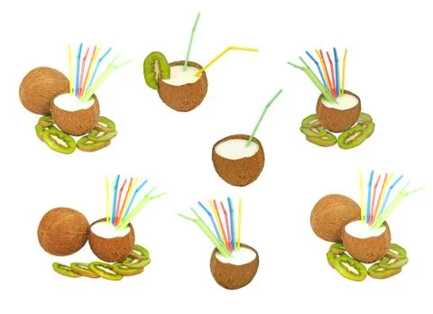 Set of coconuts with a milk- shake and kiwi.isolated. Stock Photos