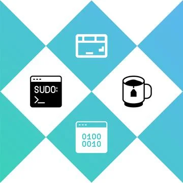 Set Code terminal, Binary code, Keyboard and Cup of tea with tea bag icon Illustrazione stock