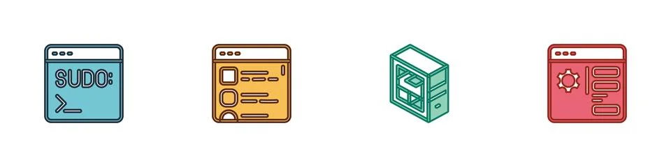Set Code terminal, Browser files, Computer and setting icon. Vector Illustrazione stock