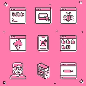 Set Code terminal, Browser files, System bug, Cloud technology data transfer Stock Illustration