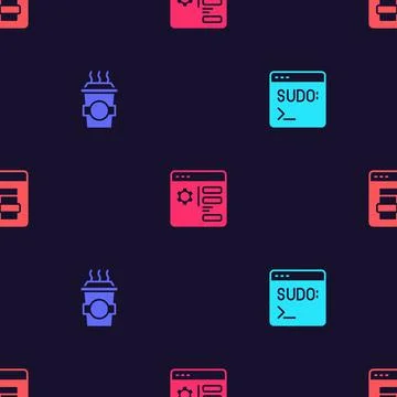 Set Code terminal, Coffee cup to go, Browser setting and MySQL code on seamless Stock Illustration