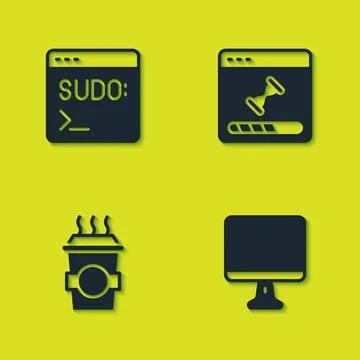 Set Code terminal, Computer monitor screen, Coffee cup go and Loading data 库存插图