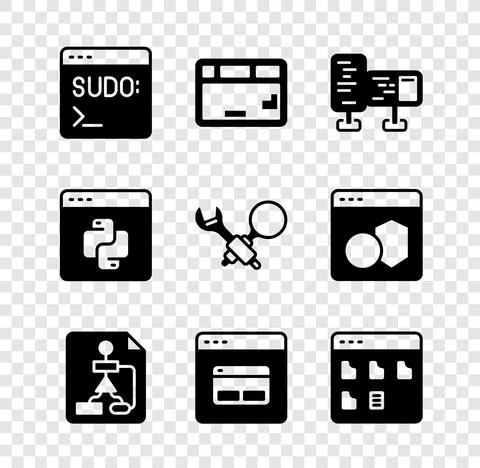 Set Code terminal, Keyboard, Computer monitor screen, Flowchart, Search engine Stock Illustration