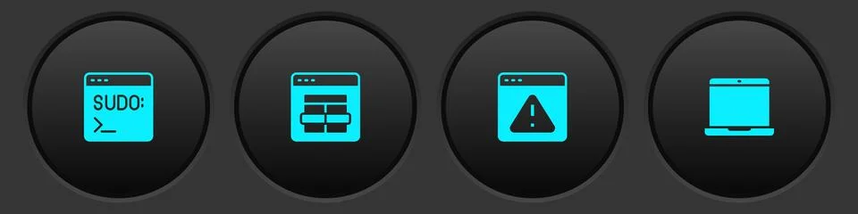 Set Code terminal, MySQL code, Browser with exclamation mark and Laptop icon Stock Illustration