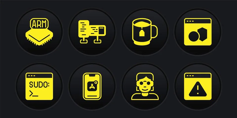 Set Code terminal, Software, Mobile Apps, Hacker or coder, Cup tea with tea.. Stock Illustration