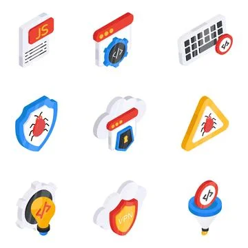Set of Coding and Data Flat Isometric Icons Stock Illustration