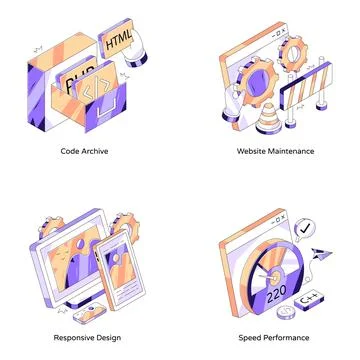 Set of Coding and Development Isometric Illustrations 库存插图