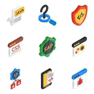 Set of Coding and Programming Flat Isometric Icons Stock Illustration