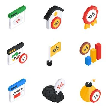 Set of Coding and Web Flat Isometric Icons Stock Illustration