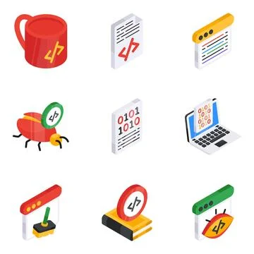 Set of Coding Flat Isometric Icons Stock Illustration