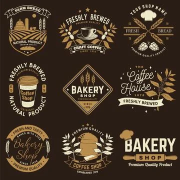 Set of Coffe shop and Bakery shoplogo, badge template. Vector. Design with dough Illustrazione stock