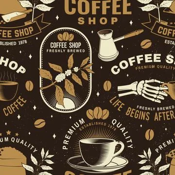 Set of Coffe shop seamless pattern or background. Vector Seamless scene with Stock Illustration