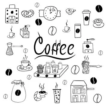 Set of coffee accessories doodle Stock Illustration