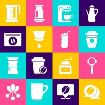 Set Coffee and conversation, filter holder, cup to go, machine, V60 coffee maker Illustration