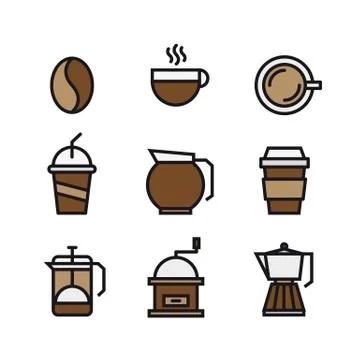 Set of coffee and drink flat color icons Stock Illustration