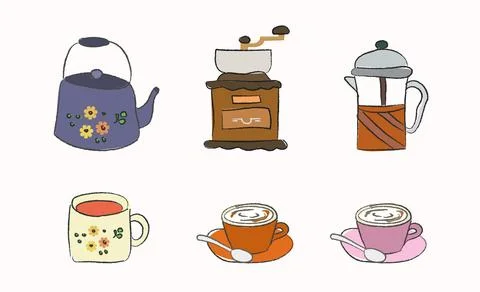Set of coffee and tea elements collection. Coffee supplies icons. make coffee Stock Illustration