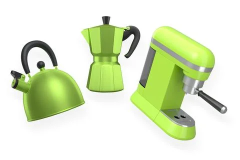 Set of coffee and tea making appliances including a moka pot, kettle, and esp Stock Illustration