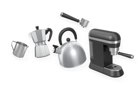 Set of coffee and tea making appliances like a moka pot, kettle and espress.. Stock Illustration