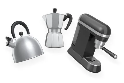 Set of coffee and tea making appliances including a moka pot, kettle, and esp Stock Illustration