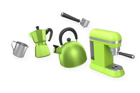 Set of coffee and tea making appliances including a moka pot, kettle, and esp Stock Illustration