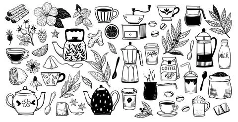 Set of coffee and tea pots, coffee cups, grinder and percolator. Isolated d.. Stock Illustration