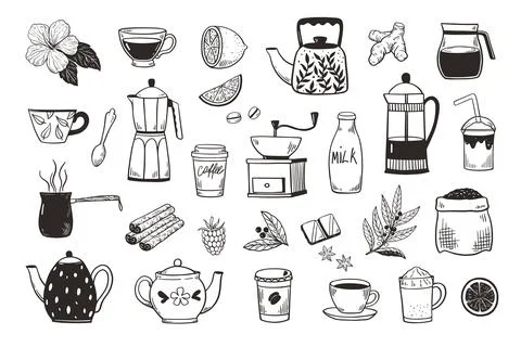 Set of coffee and tea pots, coffee cups, grinder and percolator. Isolated d.. Stock-Illustration