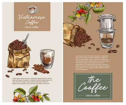 Set of coffee banners, coffee cups with a drop of vietnamese coffee. vector i Stock Illustration