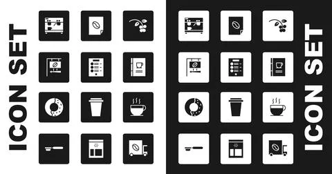 Set Coffee bean, branch, menu, Street signboard coffee, machine, book, poster Illustration