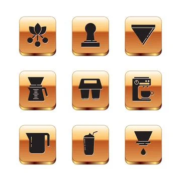 Set Coffee bean, branch, pot, Milkshake, cup to go, Pour over coffee maker Ilustración de archivo