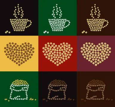 Set of coffee bean in coffee cup, heart and bale shape for wall decoration .. Stock Illustration