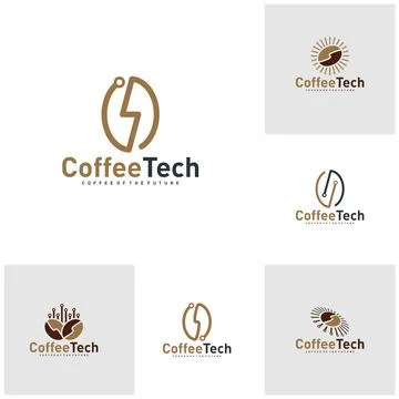 Set of Coffee bean logo with data connection. Creative coffee tech logo tem.. 스톡 일러스트