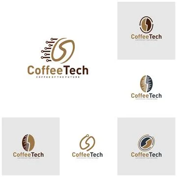 Set of Coffee bean logo with data connection. Creative coffee tech logo tem.. Stock Illustration